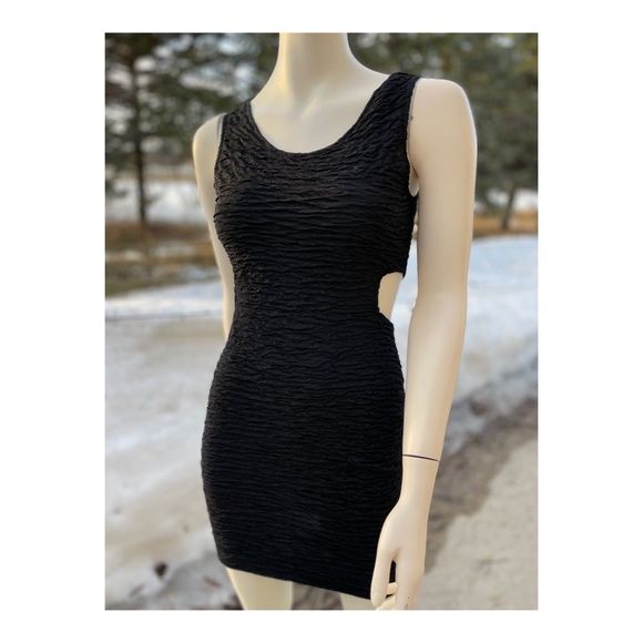 SOLD Vintage 90s Bodycon Little Black Dress Cutout Waist Crinkle Stretch